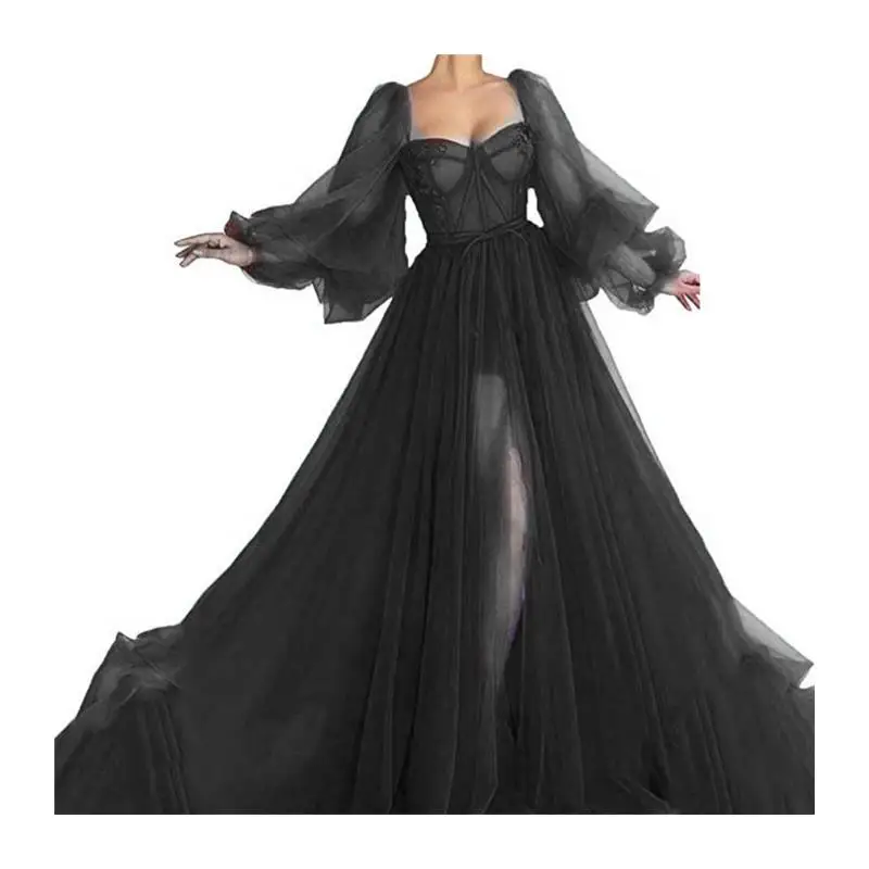 패셔너블한 여름 신상 여성 드레스 우아한 메쉬 스플릿 롱 웨딩 드레스 이브닝 가운 하이 웨이스트 퍼프 스커트