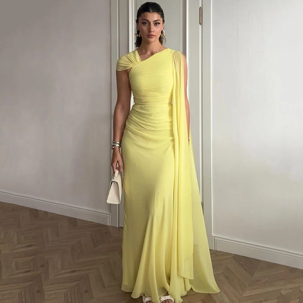 Msikoods Yellow Chiffon Evening Dress Wommen Unique Mermaid Prom Gown Customized Sleeves Pleats Wedding Party Guest Formal Dress