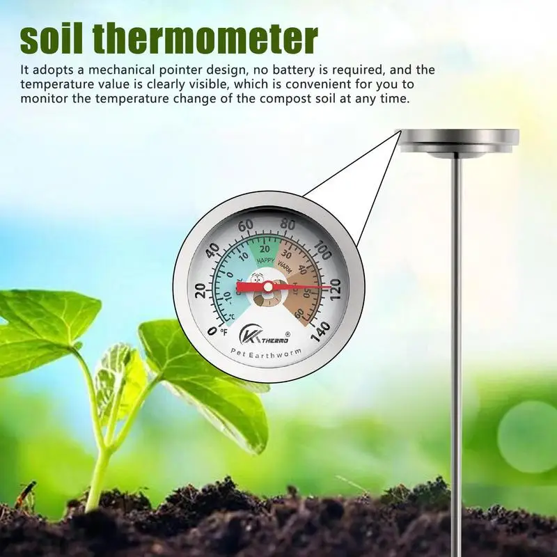 20cm Compost Soil Tester Measuring Probe Stainless Steel Thermometer For Garden Lawn Easy-to-Read Garden Soil Thermometer