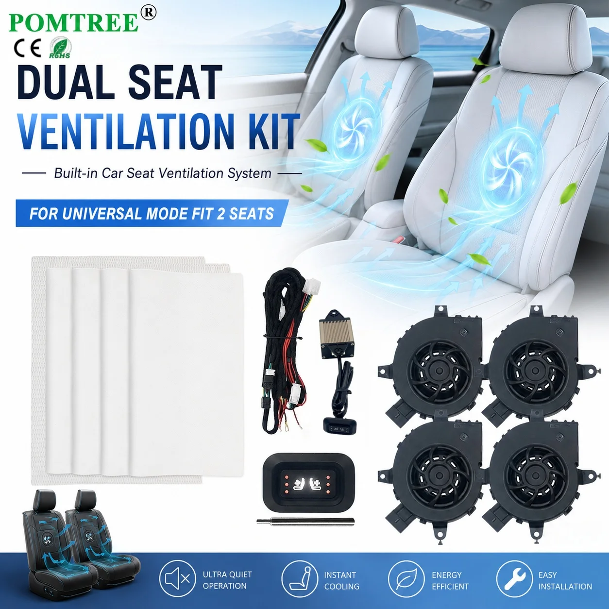 Universal Mode Built-in Car Seat Ventilation Cooling System Kit Fit 2 Seats,Witch 3-level Switch & 4 Pcs Ventilation Fans