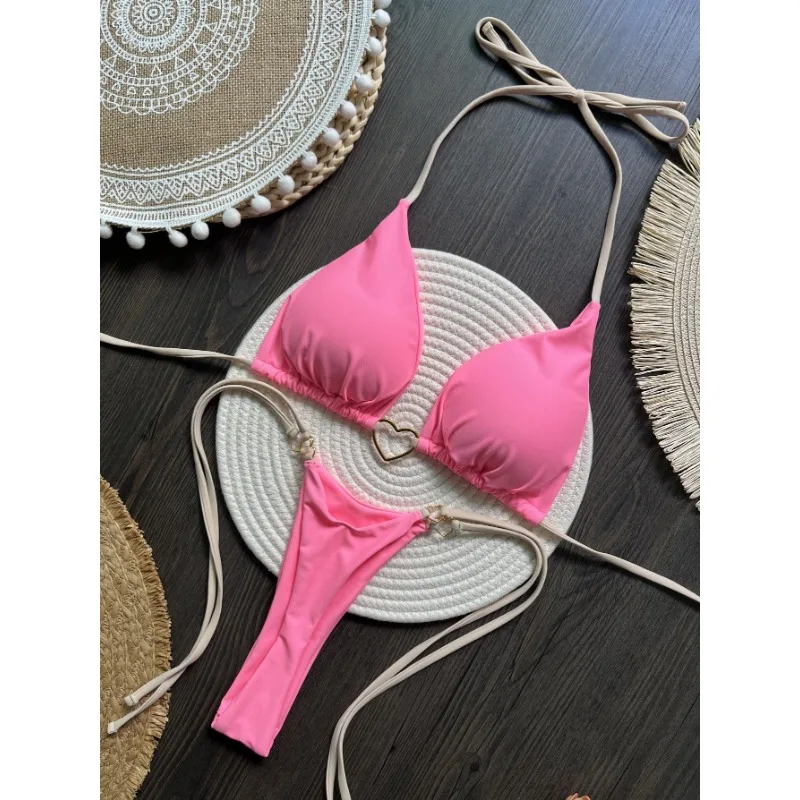 2025 Pink Love Bikinis Set Women's Sexy Swimsuit Beachwear Low Waist Girls Strappy Biquini Panties Three-point Bikini Underwear