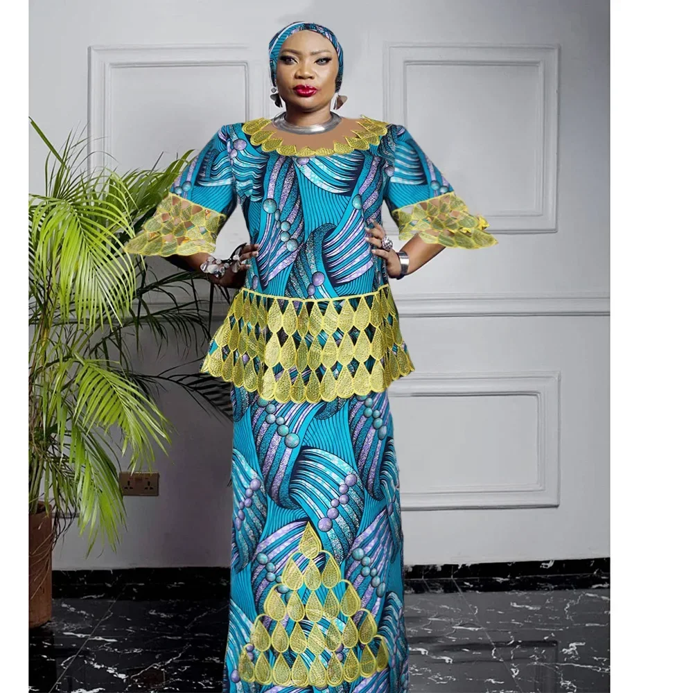 2024 With Headscarf Plus Size African Clothes for Women Dashiki Ankara Embroidery Wedding Party Evening Top Skirt Matching Sets