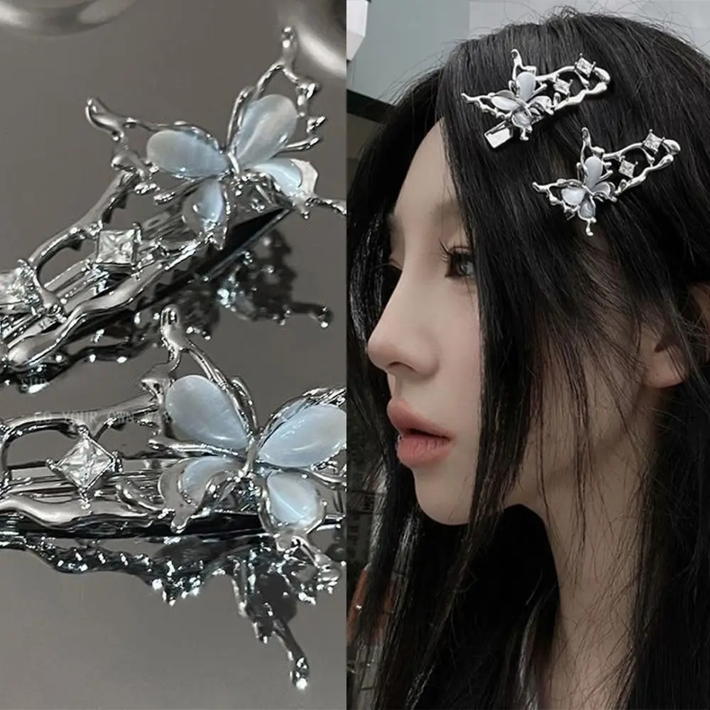 

Sweet Cool Y2K Liquid Metal Hairpin Irregular Barrette Harajuku Hair Clips Hair Accessories Butterfly Zircon Silver Bang Clip