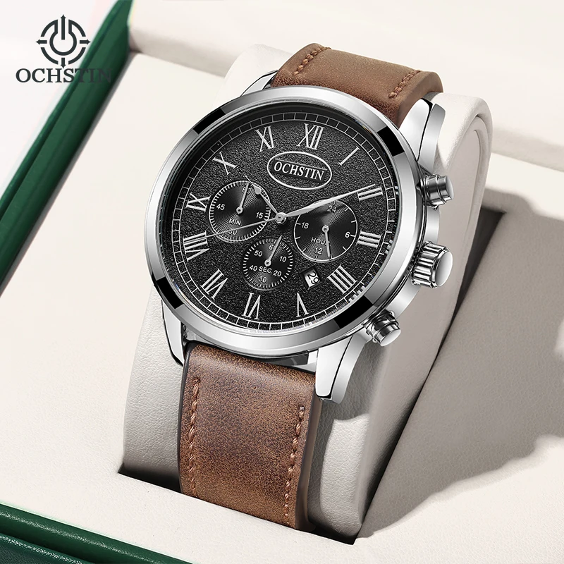 OCHSTIN Men's Leather Strap Quartz Movement Watches Man New Sale Daily Water Resistance Navigator Series Luxury Wristwatch