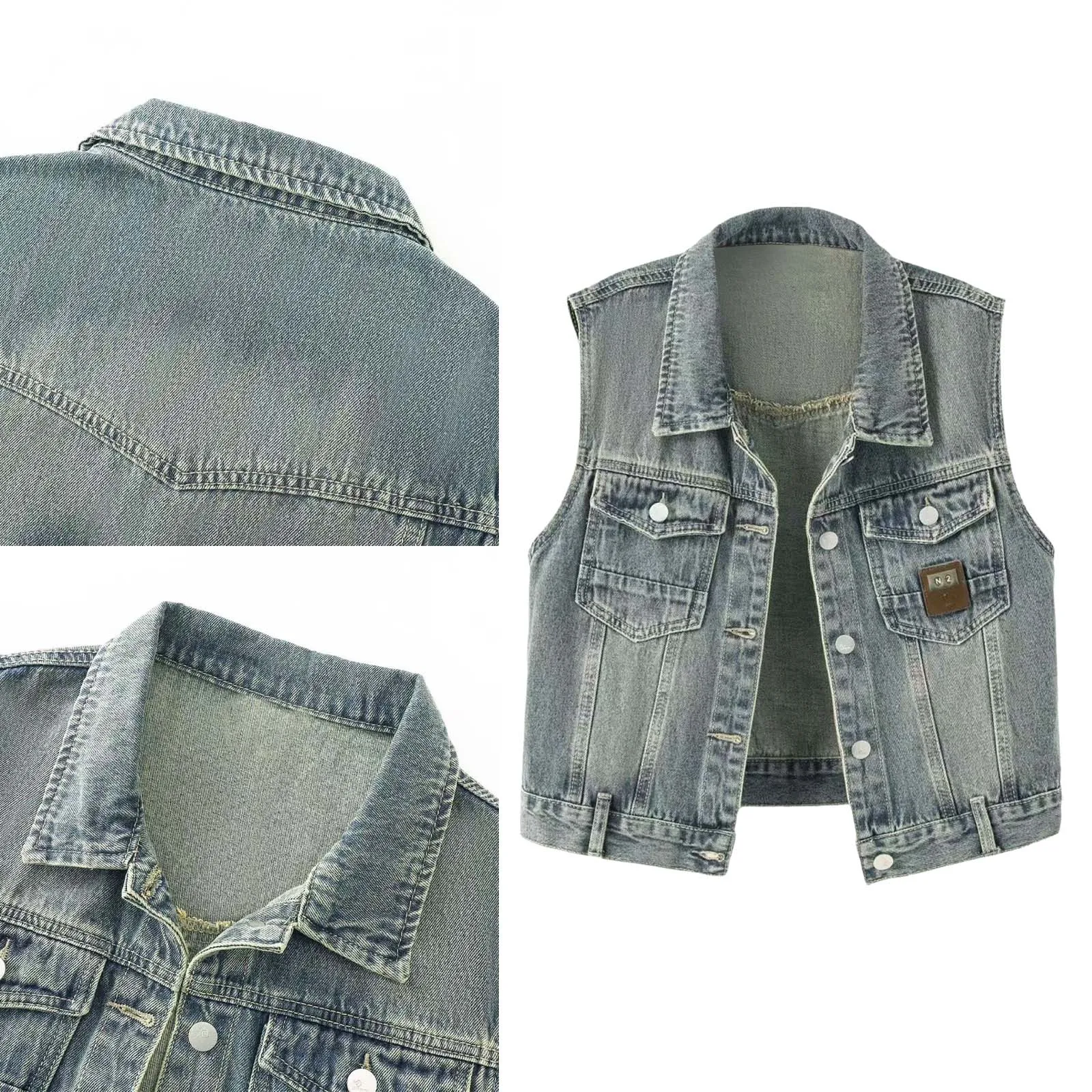 Womens Stylish Distressed Denim Vest Lapel Sleeveless Chest Pockets Front Button-down Tank Top Jean Jacket for Daily Casual