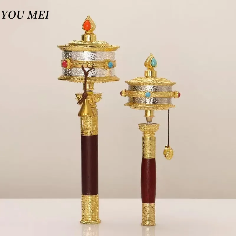 Tibetan Hand-Cranked Golden Prayer Wheel,Handheld Alloy Prayer Wheel Sanskrit and Heart Mantra Decorative Altar,Buddhist Item
