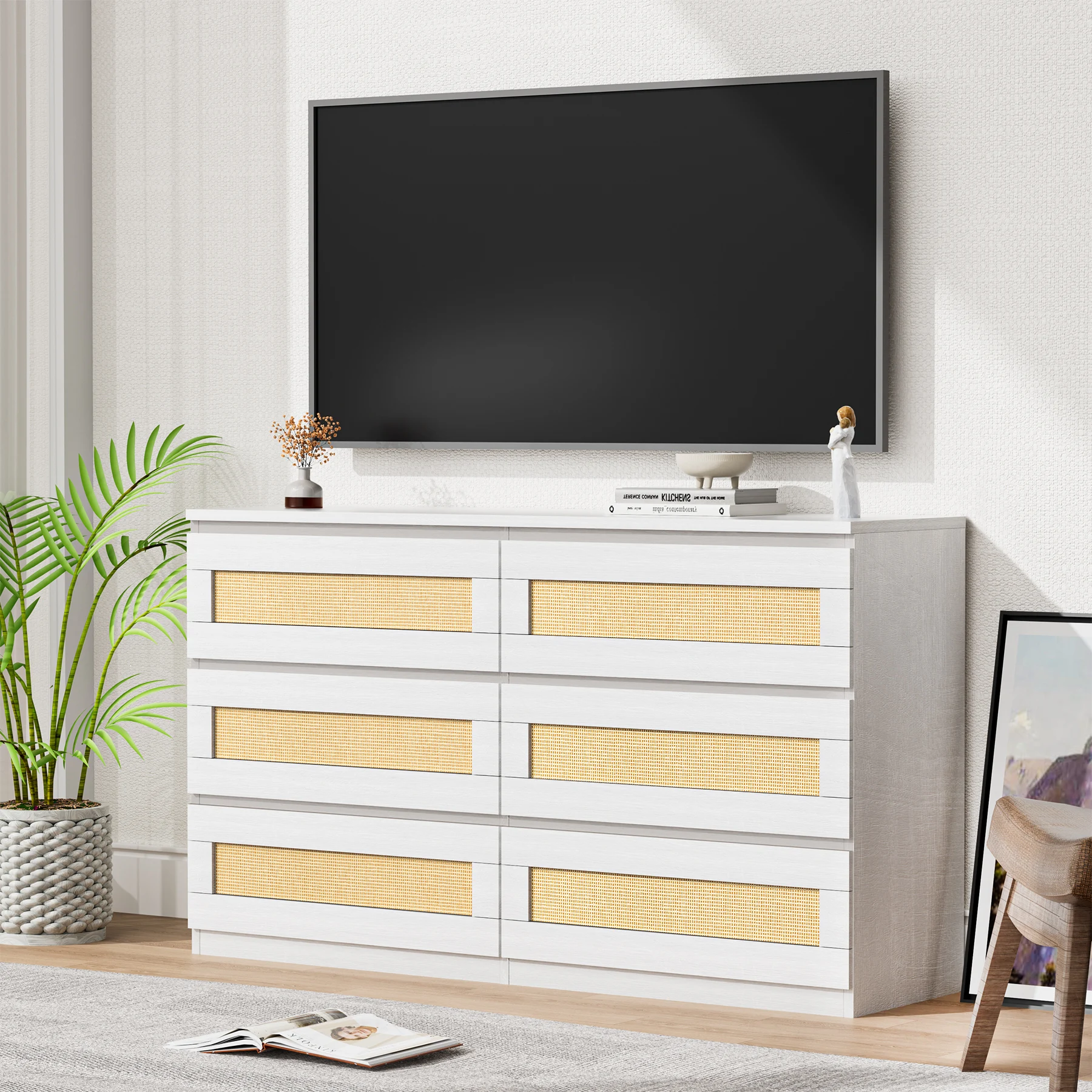 Rattan Dresser for Bedroom, 6 Drawer Dresser for Bedroom, Modern Wide Chest of Drawers with Anti-Tip Kit, Wood Storage Dresser