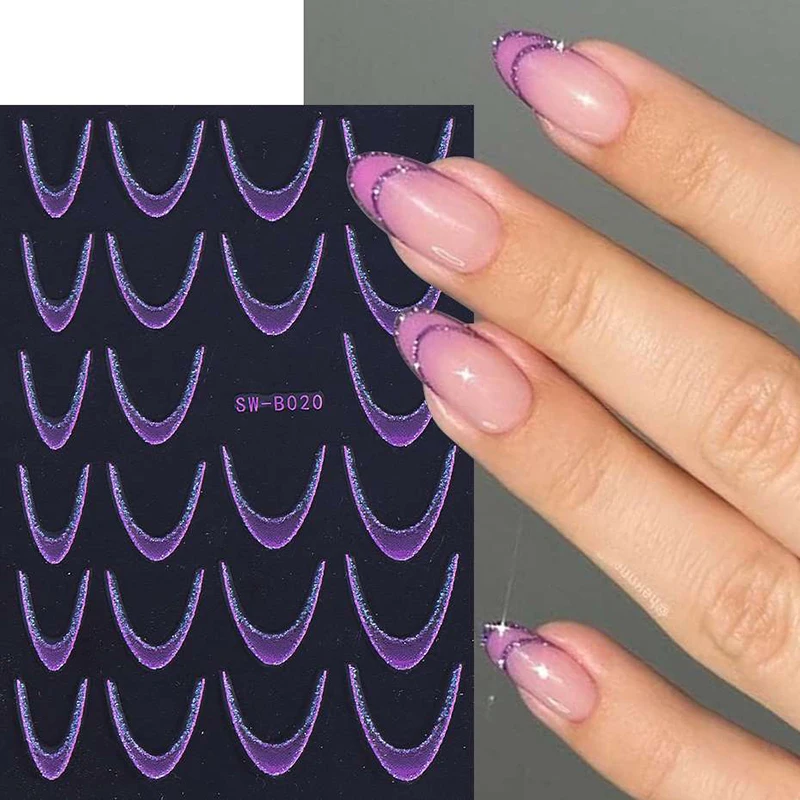 Nail Art-Autocollants à paillettes scintillantes, nickel é français, ligne, presse sur N64.Decals, décorations de manucure, bricolage, mode