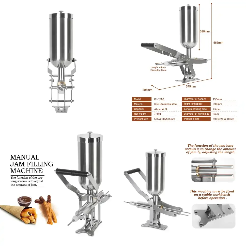 

Churros Machine Manual Jam Filling Cream Filler Stainless Steel Bread or Puffs Liquid Jam With 3 Pipes