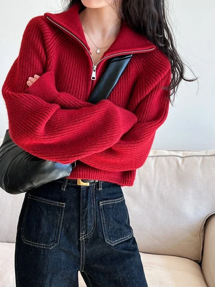 Knitted Women\'s Sweater Loose Thickened Semi-turtleneck Zipper Sweater Red Comfort Versatile 2024 Autumn New Short Sweater Women