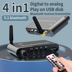 Bluetooth 5.1 Receiver Transmitter Audio Adapter U-Disk Play Coxial/Optical to 3.5MM AUX RCA R/L DAC Converter Remote Control