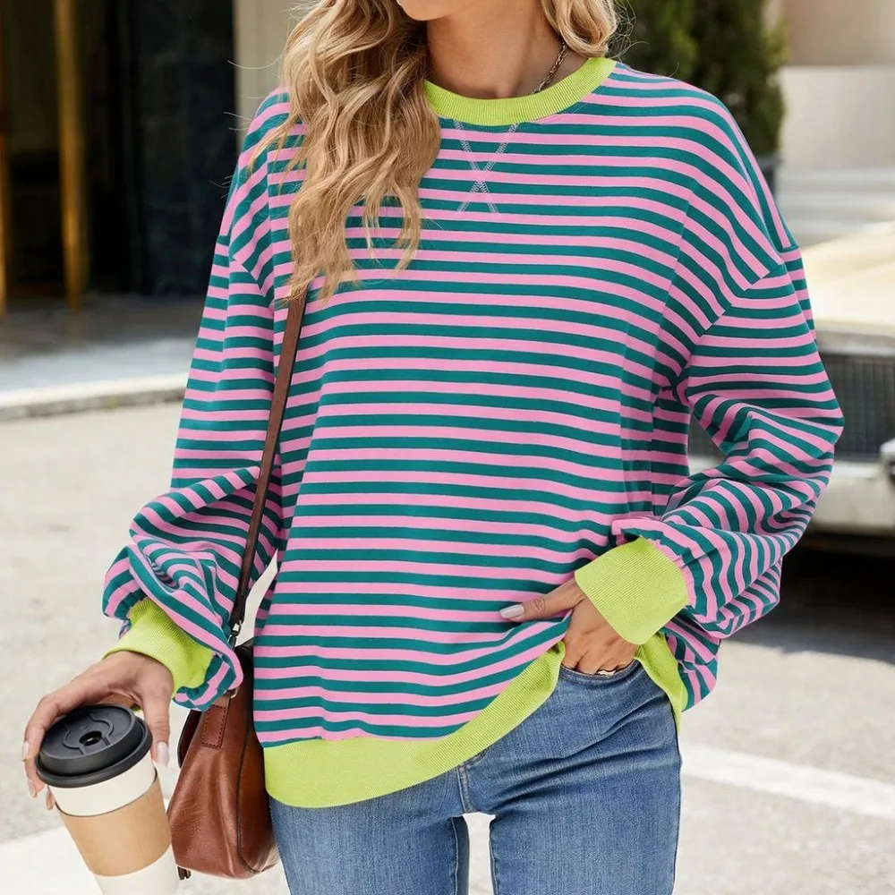 أنيقة فضفاضة مخططة المتضخم البلوز طاقم الرقبة الأساسية البلوفرات النساء Y2K كل مارس المرقعة كم طويل تي شيرت الإناث