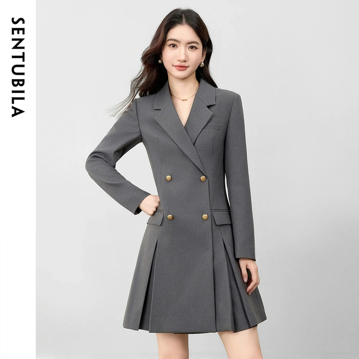 

SENTUBILA Women's Blazer Dress 2025 Autumn Solid Double Breasted Dresses Elegant Commute Long Sleeve A-line Dress 153LC3057
