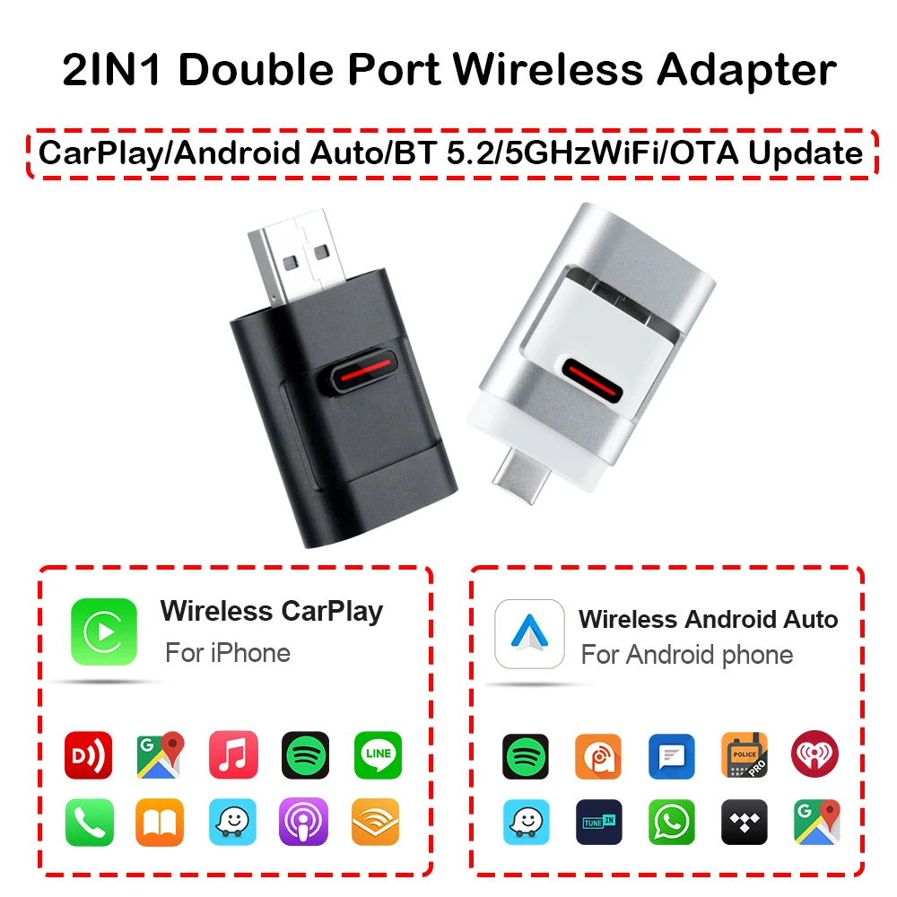 

New Wired To Wireless Carplay Android Auto 2 In 1 Mini Adapter Car Gadget Smart Box Plug and Play 5Ghz Wifi Fast Connection