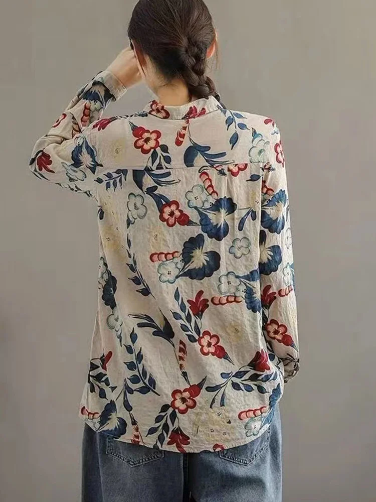 Retro stampa floreale lino lungo Sve irt sciolto casual cotone lino donna Faion coreano giapponese Sle button up irt
