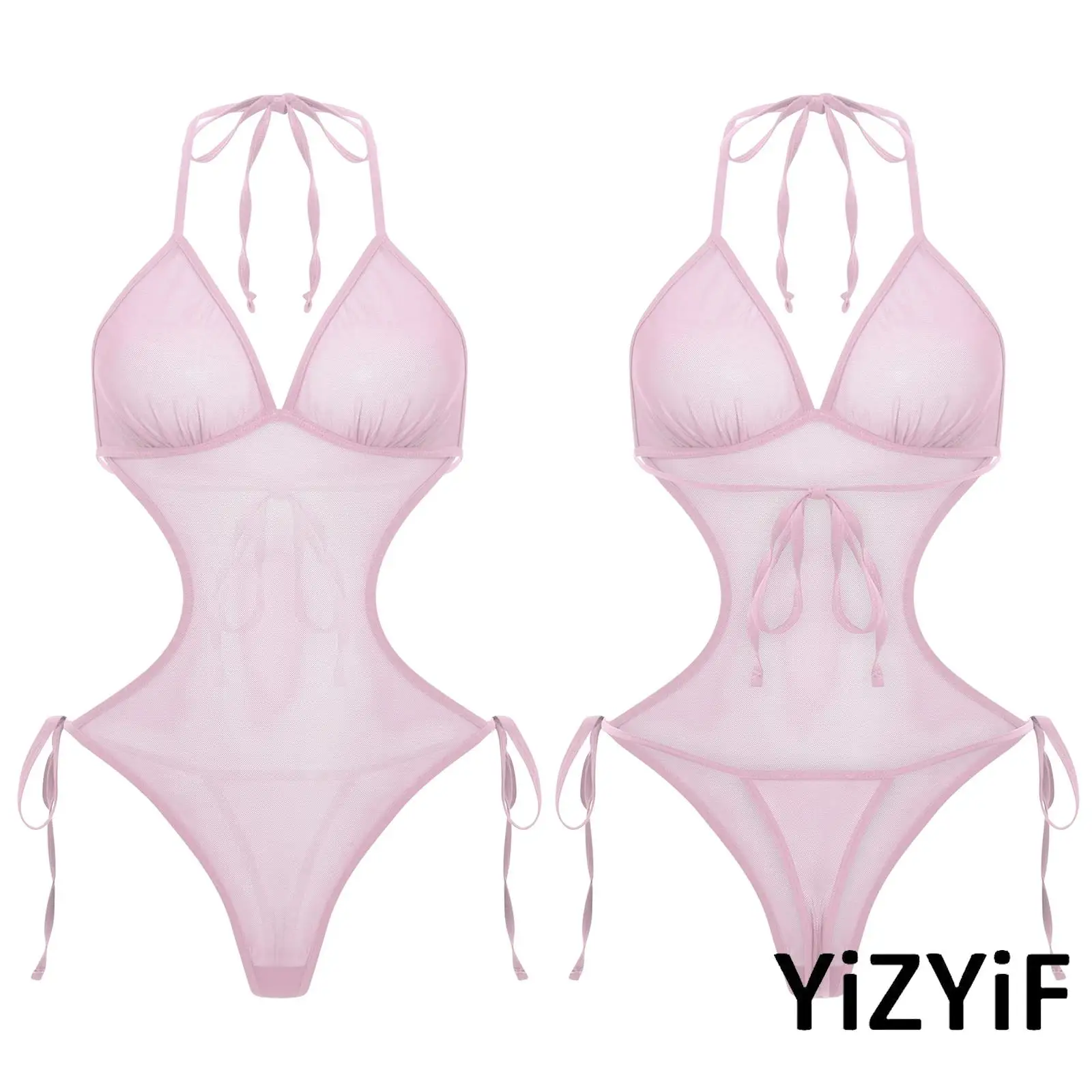 

Summer Womens One Piece Erotic Nightwear See Through Mesh Bodysuit Swimwear Bathing Suit Halter T-back Lace-up Leotard Jumpsuit