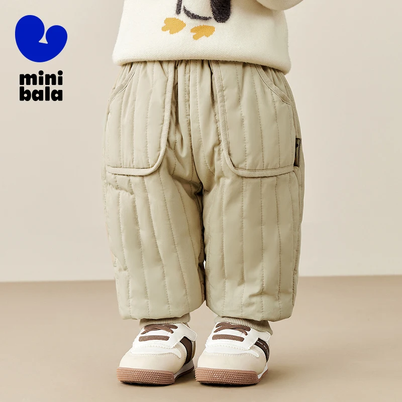 Mini Bala Warm Cotton Long Pants for Boys and Girls 2024 New Winter Styles for Children, Quilted and Versatile Pants