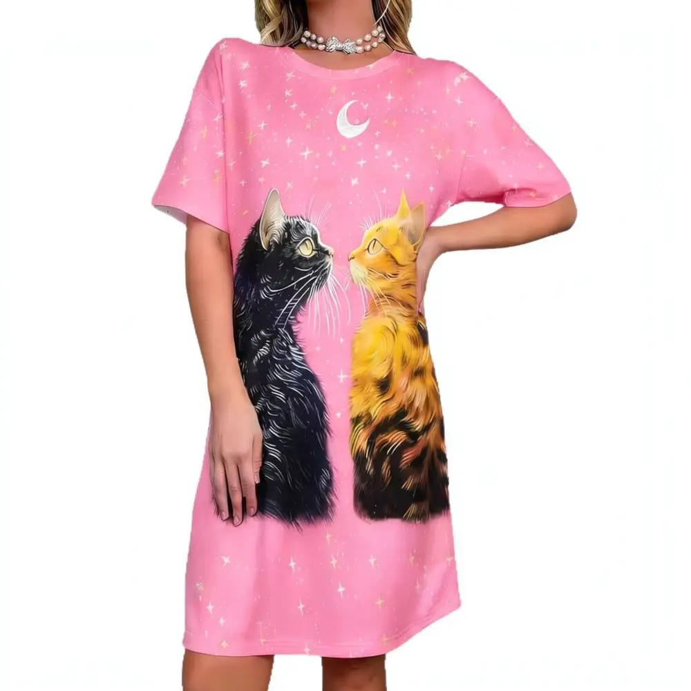 Womens Loose Casual Dress Short Sleeve Cute Cat Pattern Milk Silk Soft Fabric Street Style Summer Fashion Outfit Apparel