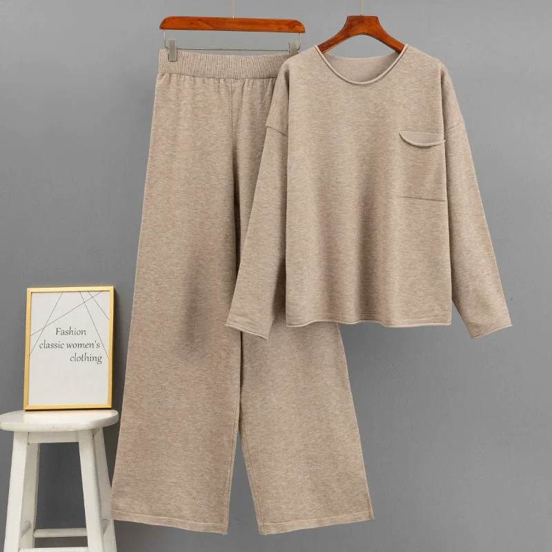 Design coreano nova malha 2 peça define feminino o-pescoço malha solta camisola pulôver topos conjuntos de cintura alta calças retas outfit