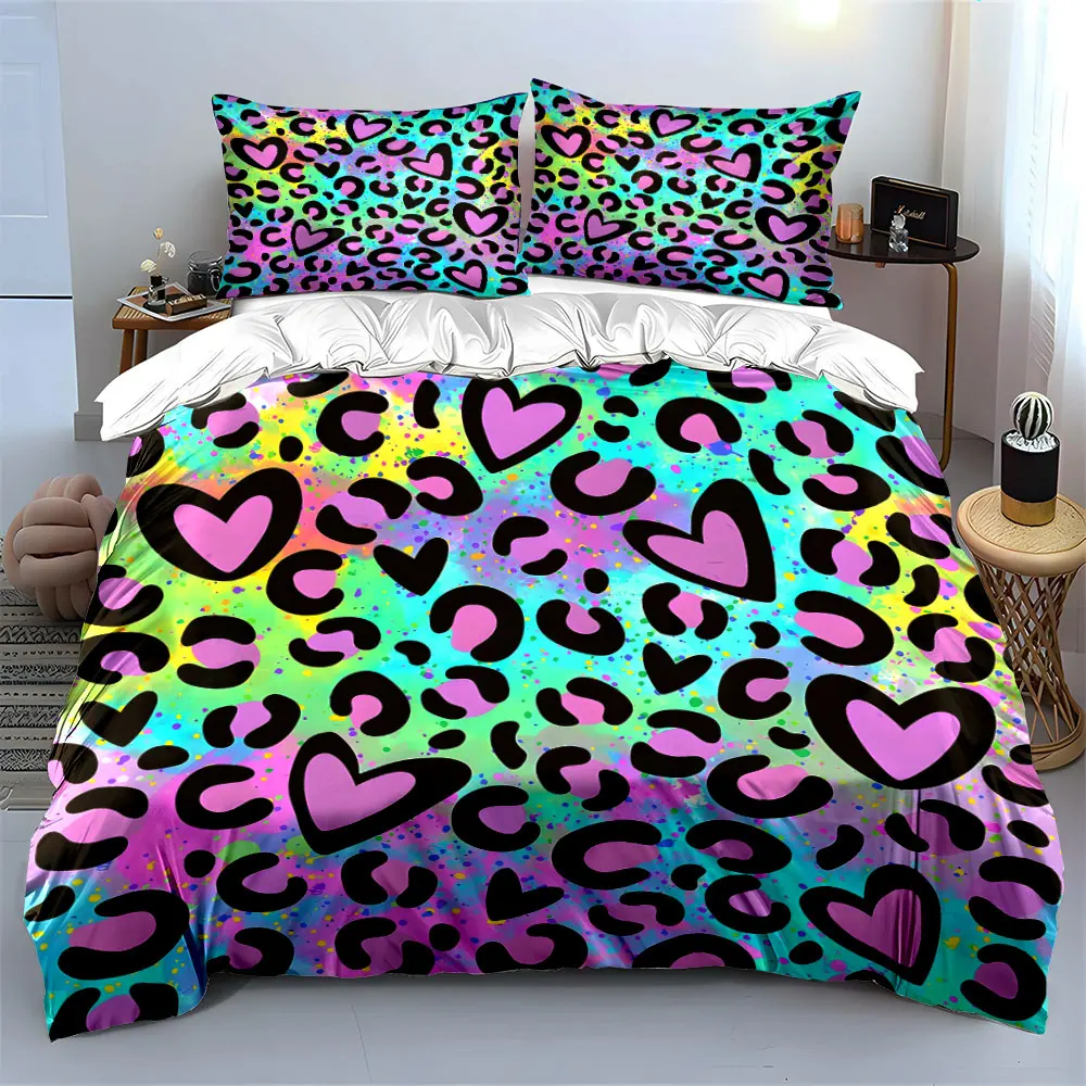 Colorful leopard print with purple hearts Print Bedding Set 1Duvet Cover 2Pillowcases for Adult Children Luxury Gift Full Size