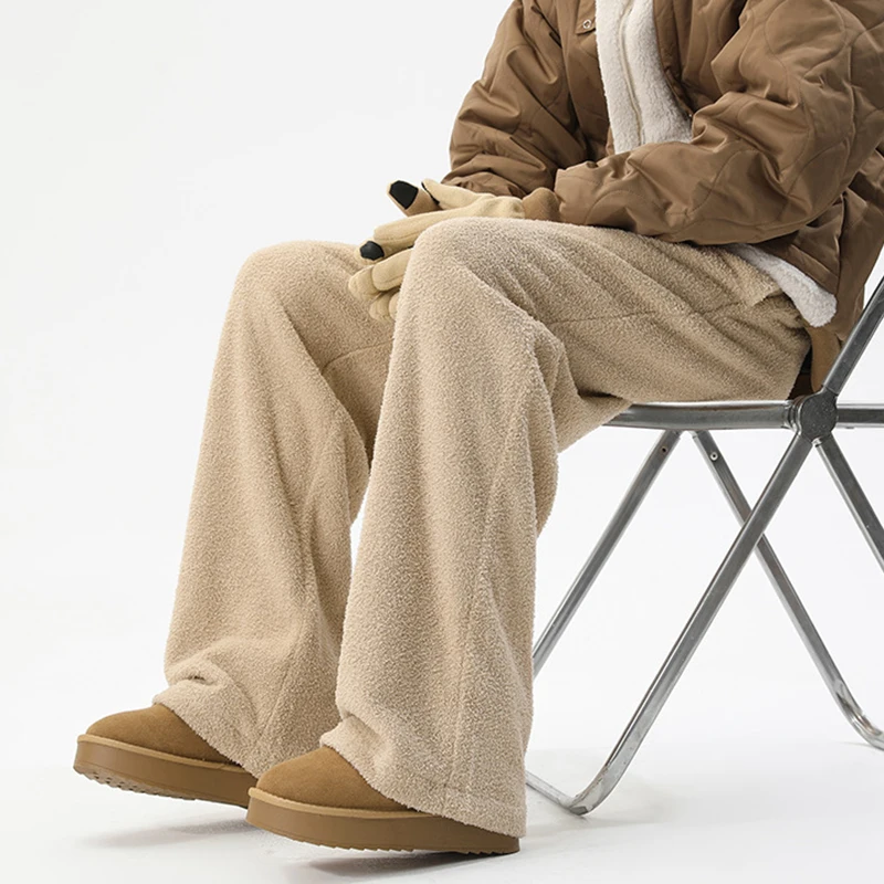 

2025 Новые широкие брюки из искусственной овечьей шерсти, мужские мягкие теплые прямые брюки в ленивом стиле, Harajuku, мешковатые повседневные брюки на шнурке, мужские