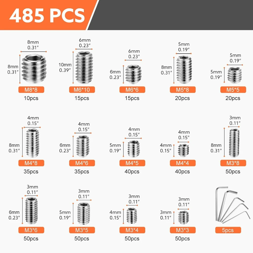 485pcs 304 Stainless Steel Hexagon Socket Machine Meter Screws Headless Stop Set Screws DIN916 Hexagon Socket Machine Screws