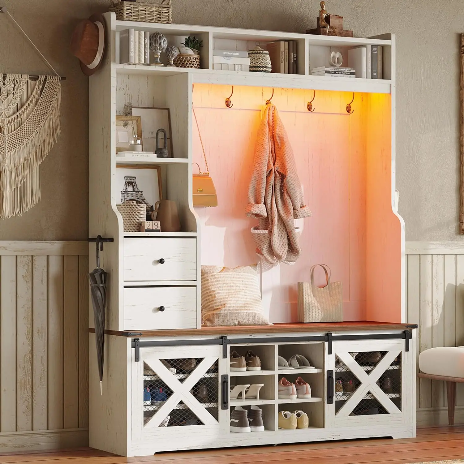 7-in-1 Design, 16-Color RGB LED Lights, Barn Door Cabinet, 12 Shoe Cubbies, 2 Drawers, Adjustable Shelves, Coat Racks
