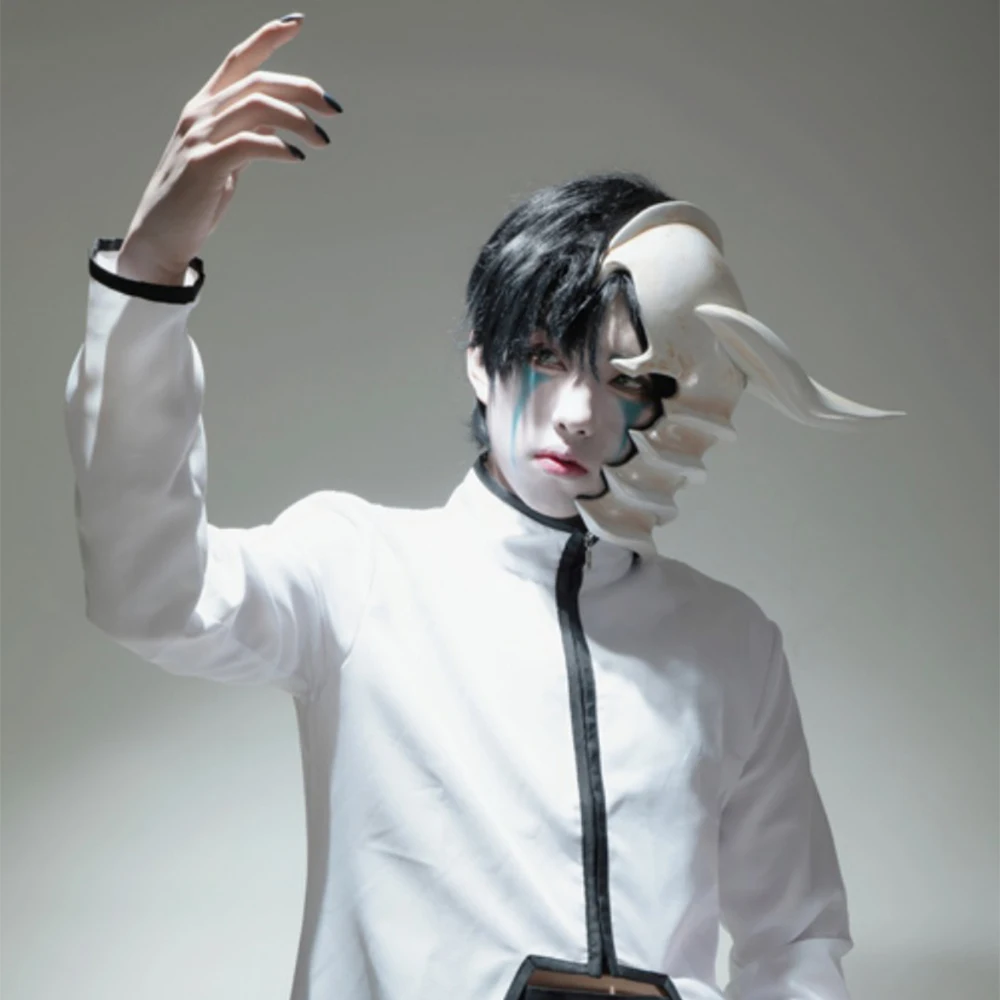 CosplayAnime Bleach Ulquiorra's Cosplay Costume Ulquiorra Helmet Masks Wigs Hairs White Kimono ( Jacket + Pants + Belt ) Kendo C
