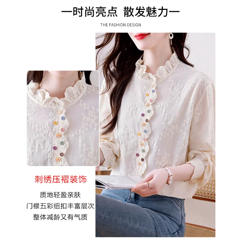 Dames nieuwe stijl kanten kraag geborduurde kleurrijke knop Koreaanse losse damesshirt met lange mouwen