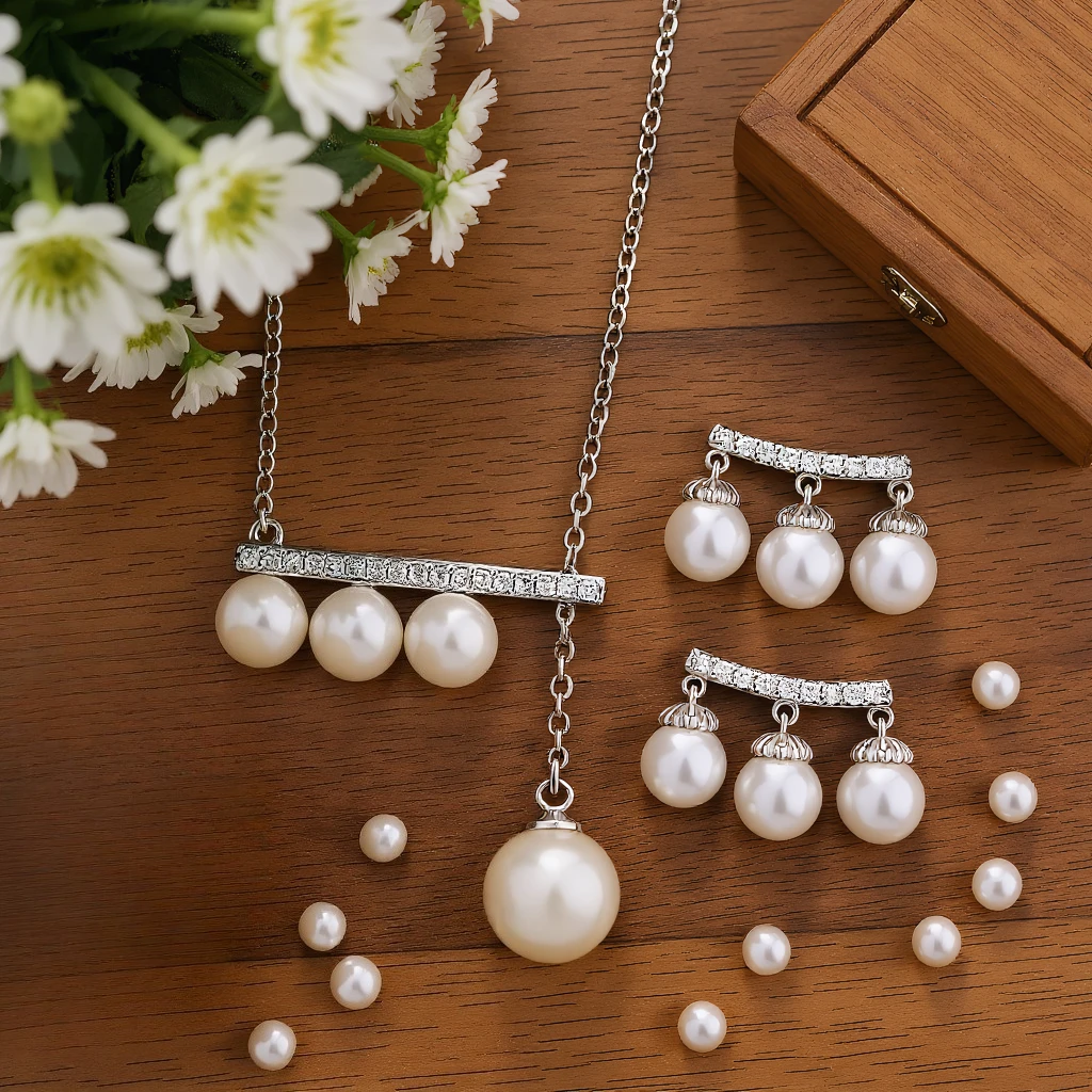 

3pcs Elegant Vintage Jewelry Set for Women Asymmetric Pearl Style Necklace Shiny Crystal Choker Bridal Wedding Earrings Party