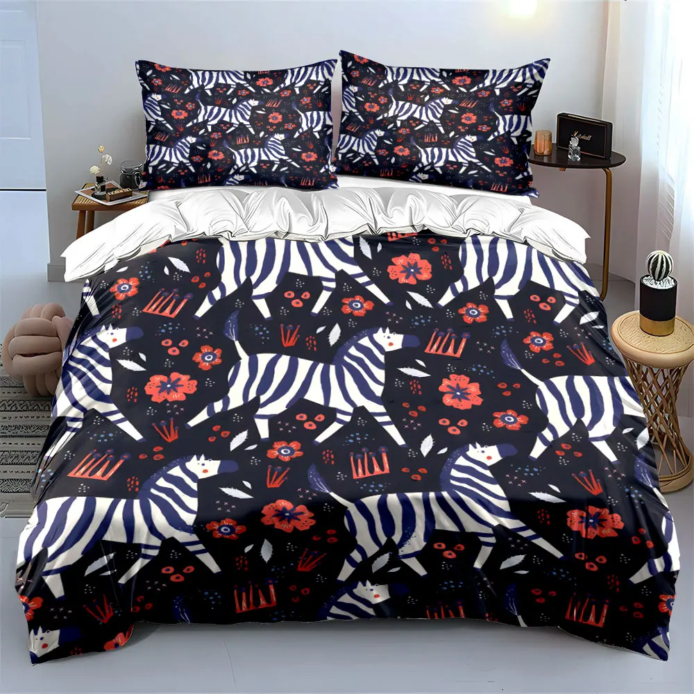 Dreamy Hand-Drawn Zebras and Flowers Print Bedding set 3PC 1 duvet cover 2 pillowcases adult and children bedding set Luxury