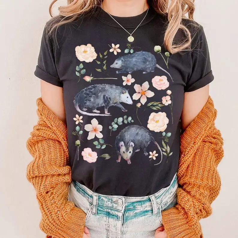 Comfort Colors Possum Shirt Opossum Animal Lover Gift Goblincore Aesthetic Botanical Floral Wildlife Nature Tee Alt Clothes Tops