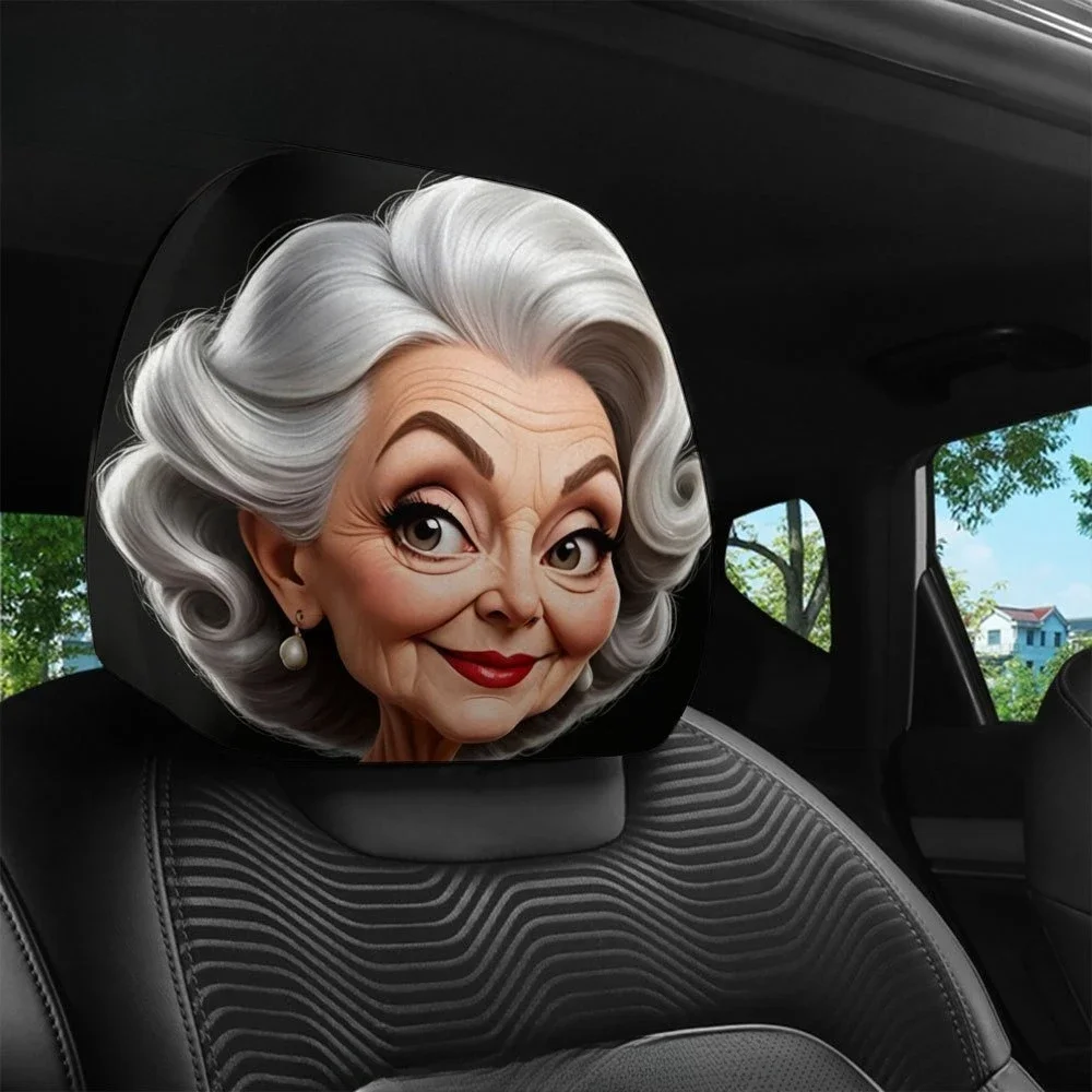 2pcs Cartoon Vintage Elegant Old Lady Print Car Headrest Cover Easy To Remove Wash Personalized Seat Protection