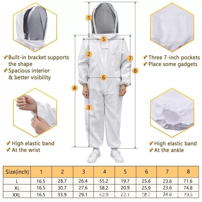 White Full‑Body Beekeeping Protective Suit Detachable Mesh Veil Hood Sheepskin Gloves Anti‑bee‑sting Apiculture Work Clothing