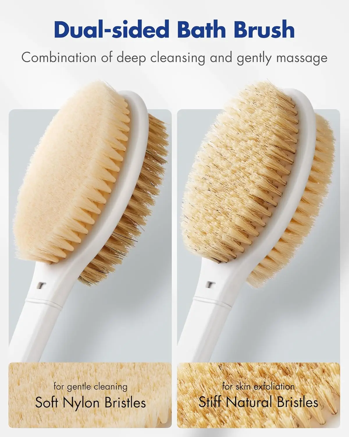 Back Scrubber Body Shower Brus Anti Slip Long Handle Bath Brush with Stiff Soft Bristles Showering Exfoliator Wet Dry Brushing