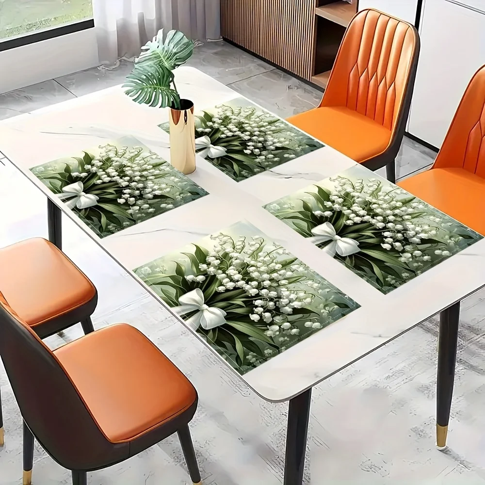 Single-Sided Printing Table Mats 12X18 Inch, Only a Plane Print, Lily-Of-The-Valley Bouquet with White Ribbons, Soft Lighting