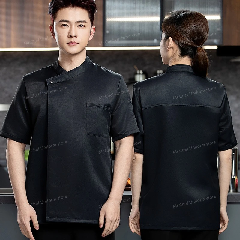 夏白半袖シェフ制服通気性キッチン制服シェフジャケット男性シェフコートエプロン作業服ロゴレストラン