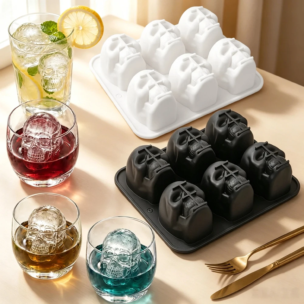 6-Part Skull Silicone Mold for Mousse Cake Halloween Chocolate Pudding Dessert Ice Cube Tray Skeleton Head Cooking Baking Tool view 3