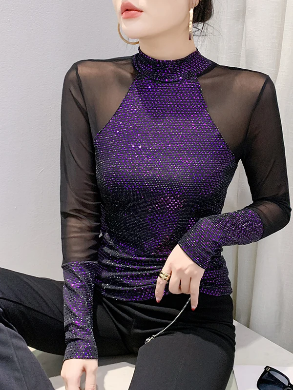 

Sexy Lace Base Shirt Women's Long Sleeve High Collar Glitter Heavy Embroidery Top Breathable Comfortable Skin-Friendly Daily ...