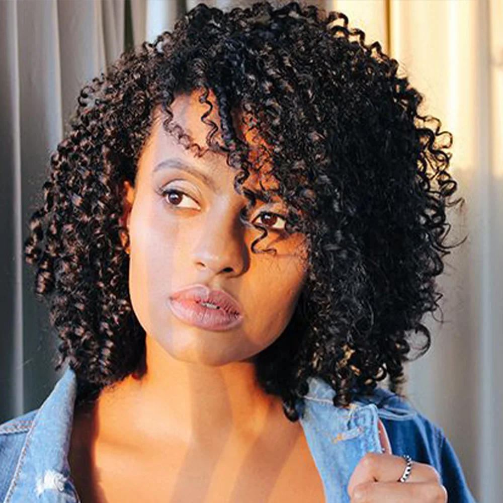 Кудрявый короткий вьющийся парик с стрижкой пикси с челкой, полностью машинное производство, бразильские парики из человеческих волос для женщин, готовые к работе