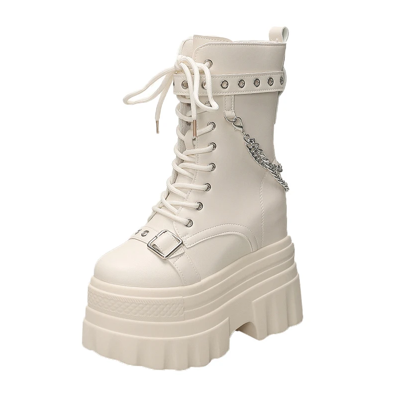 

12cm New Genuine Leather Women Breathable Platform Hidden Heels Shoes Genuine Leather Chimney Fashion Spring ZIP Ankle Booties