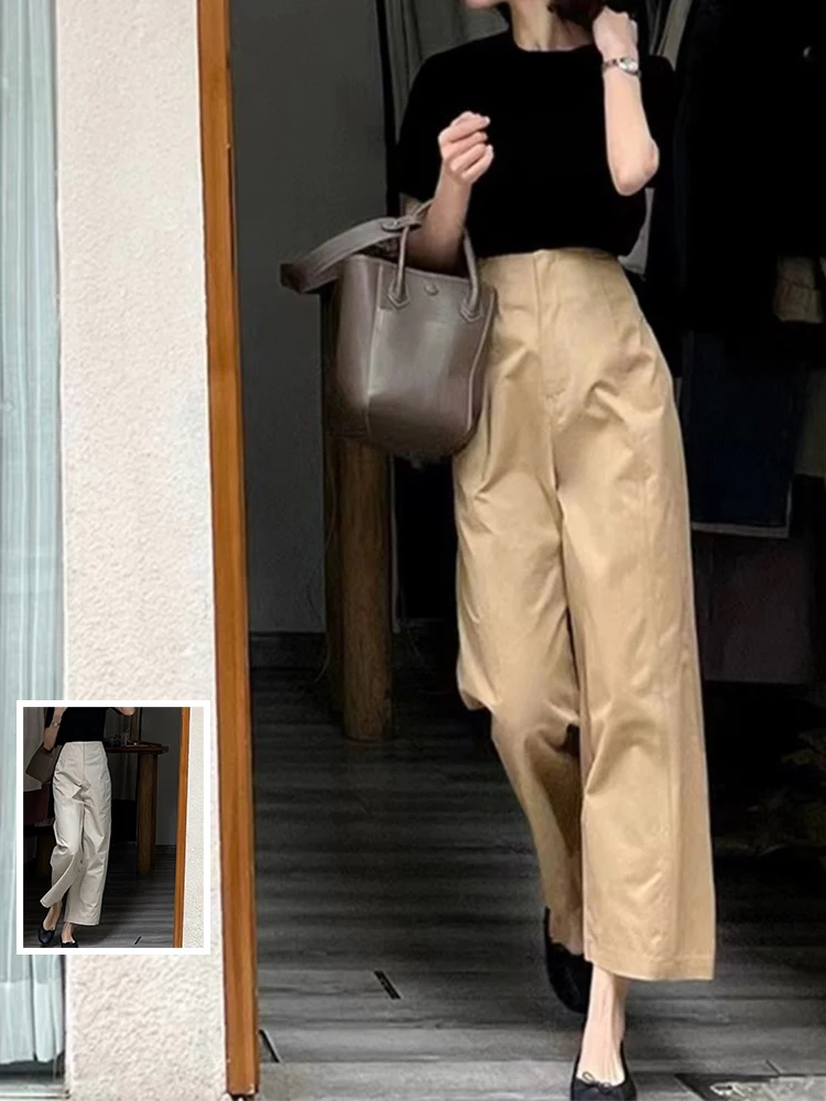 

Ele Casual High Waist Wide Leg Pants Pure Color Straight Cut plus Size Women's Faion Slimming Drapey Nine-Tenths Trousers