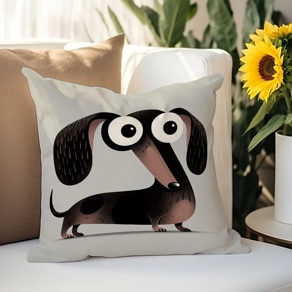 1pc Cute Cartoon Dachshund Square Throw Pillow Cover Fun Pet Lover Home Decor Cushion Case