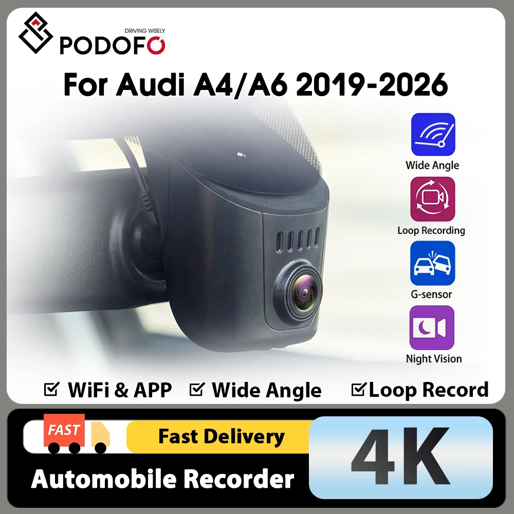 Podofo 4K Dash Cam 150° Wide-Angle Car DVR Camera with App Control, G-Sensor Support, and Loop Recording for Audi 2019–2026 A4, A6