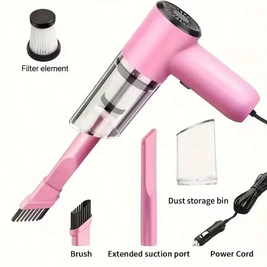 

1 Pink 12V Powerful Handheld Car Vacuum Cleaner - Compact Wired Design, Easily Remove Dust And Pet