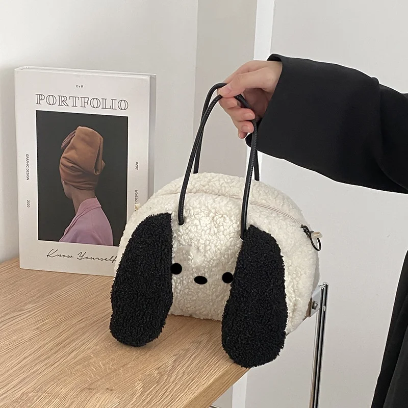 Bolsa de cachorro de pelúcia com orelhas grandes, Bolsa de ombro bonito do cão, Cordeiro artificial para baixo bolsa de tecido, Carteira Kawaii