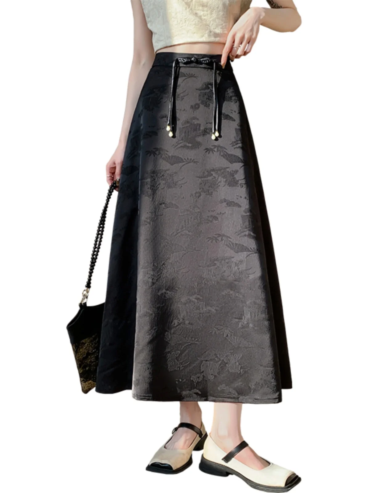 Off-white new Chinese national style women jacquard skirt women drape satin super-long A-line skirt