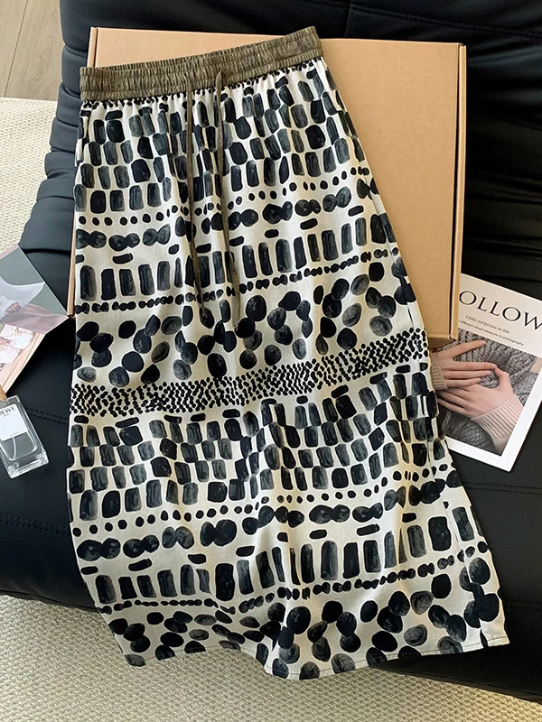 Retro Polka Dot Print Half Skirt Women's High Waist Slimming Color Block Drawstring Asymmetrical Straight Leg Skirt