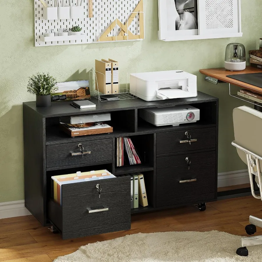 Home Office Wood Mobile File Cabinet with 4 Drawers and Shelves, Printer Stand with Open Storage, Locking Lateral Filing Cabine