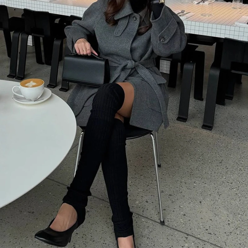 Korean Version of Elegant Temperament, Solid Color Lapel Lace-up Woolen Jacket Women's 2025 Fall/winter New Wholesale